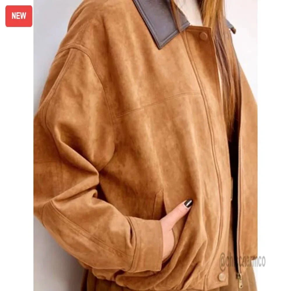 Oversized Faux Suede Bomber Jacket Cropped Lapel Motorcycle Zip Up - Picture 3 of 7
